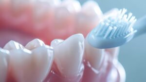 Closeup of a white toothbrush next to a set of dentures